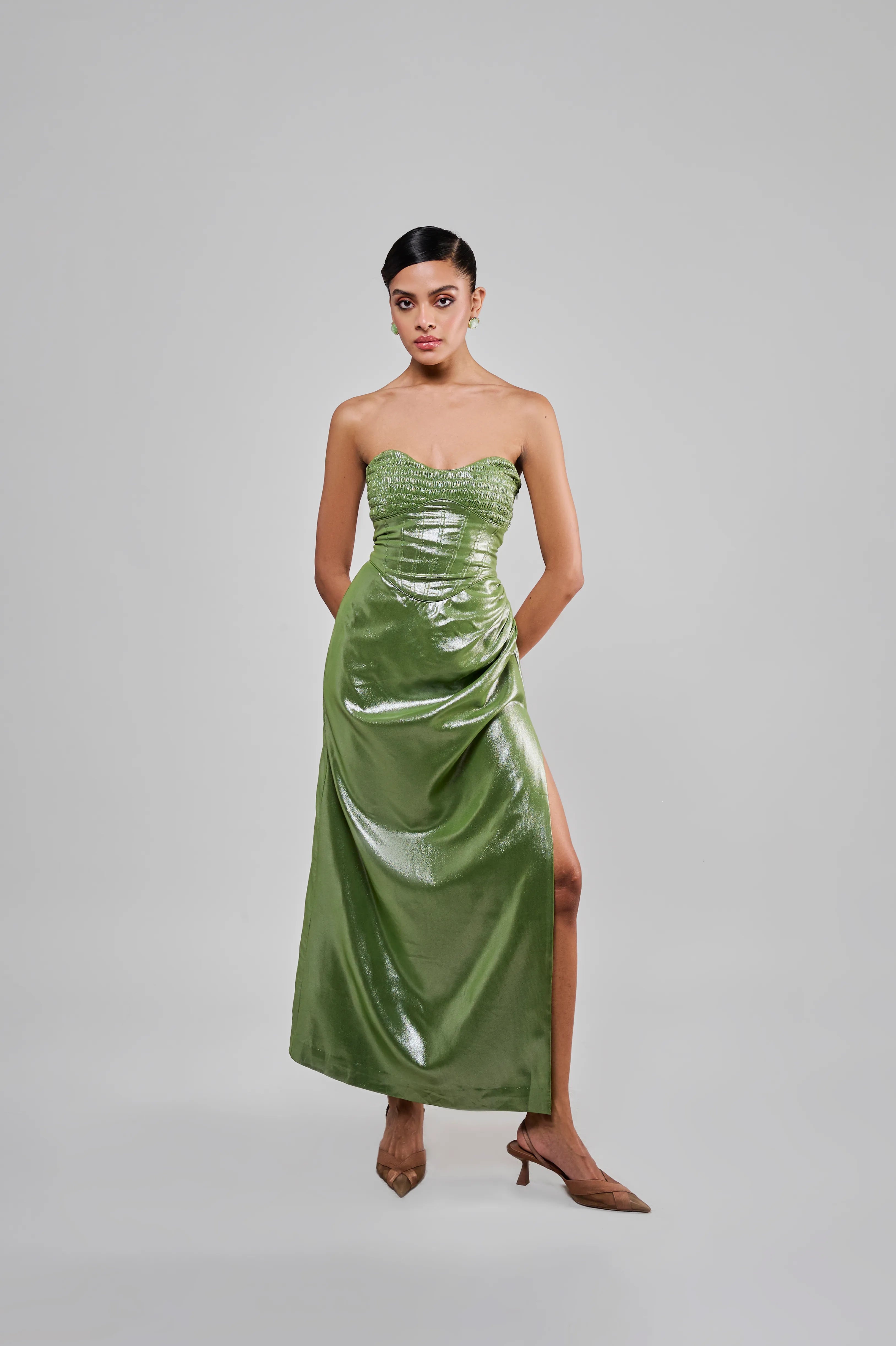 Matcha Shimmer Slit Dress