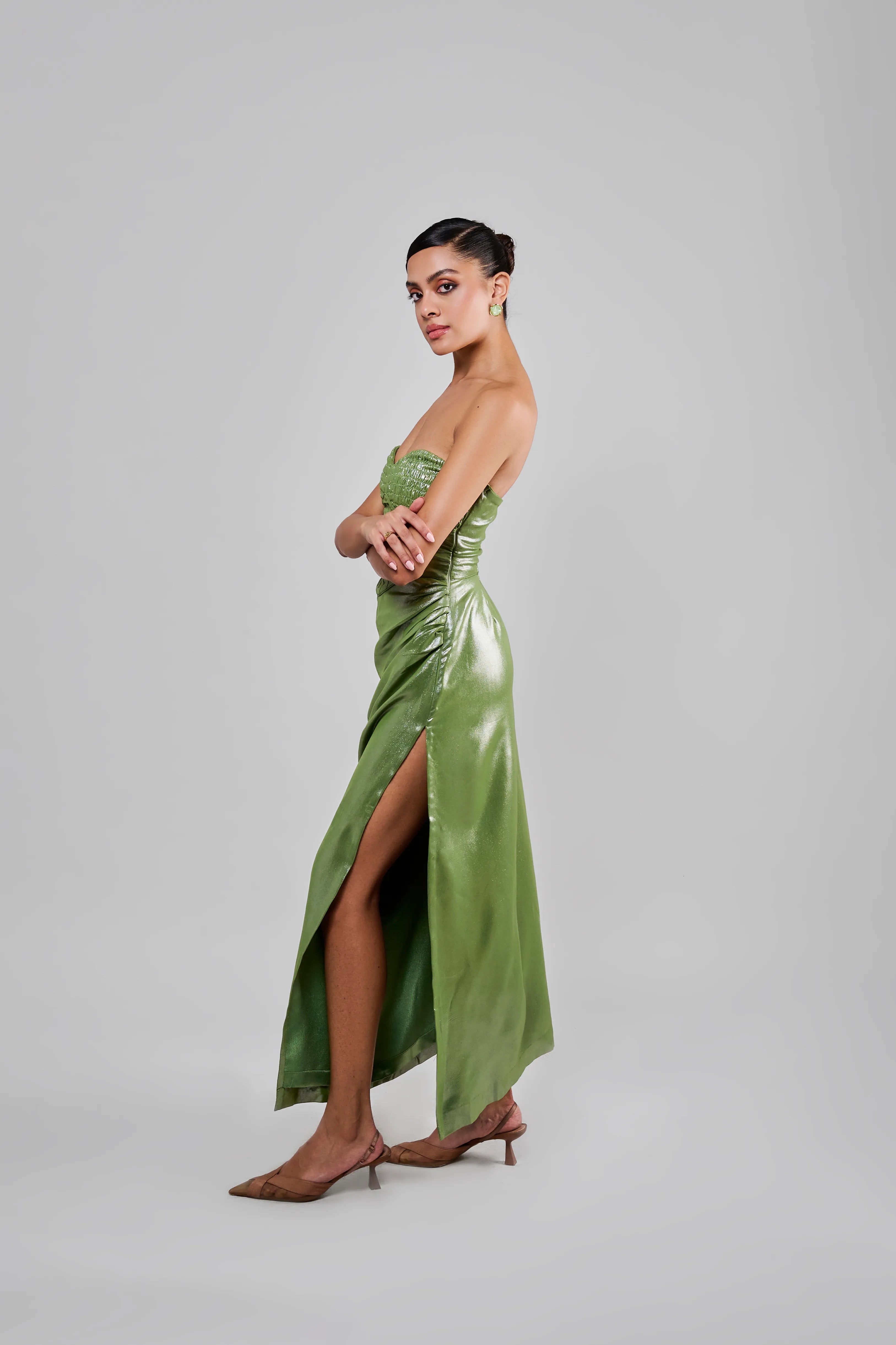 Matcha Shimmer Slit Dress